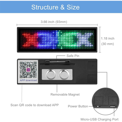 HXP-001 Telefon Kontrollü |Kumandalı | Led Matrix Yaka Paneli |9x3cm