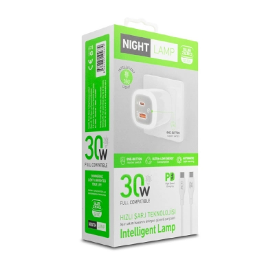 Subzero SG100 30W Gece Lambalı Şarj Cihazı |  USB-A ve USB-C  Çıkış | 60W PD Kablo  Subzero SG100 30W Gece Lambalı Şarj Cihazı |  USB-A ve USB-C  Çıkış | 60W PD Kablo