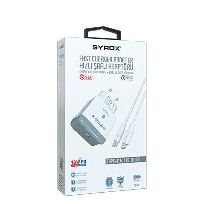 Syrox PD18L Type-C Başlık Giriş | Lightning Kablolu 18 W 3.0 Amper Pd Ev Şarj Aleti Syrox PD18L Type-C Başlık Giriş | Lightning Kablolu 18 W 3.0 Amper Pd Ev Şarj Aleti